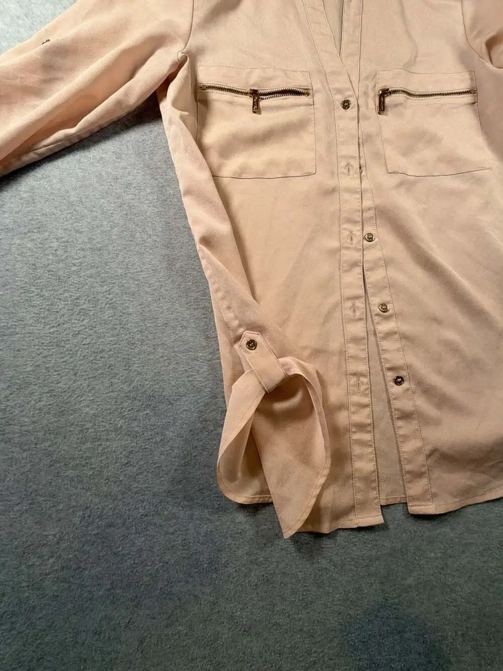 Calvin Klein Women's Blush Peach Button-Down w/Zip Pockets  Roll-Tab Sleeves
